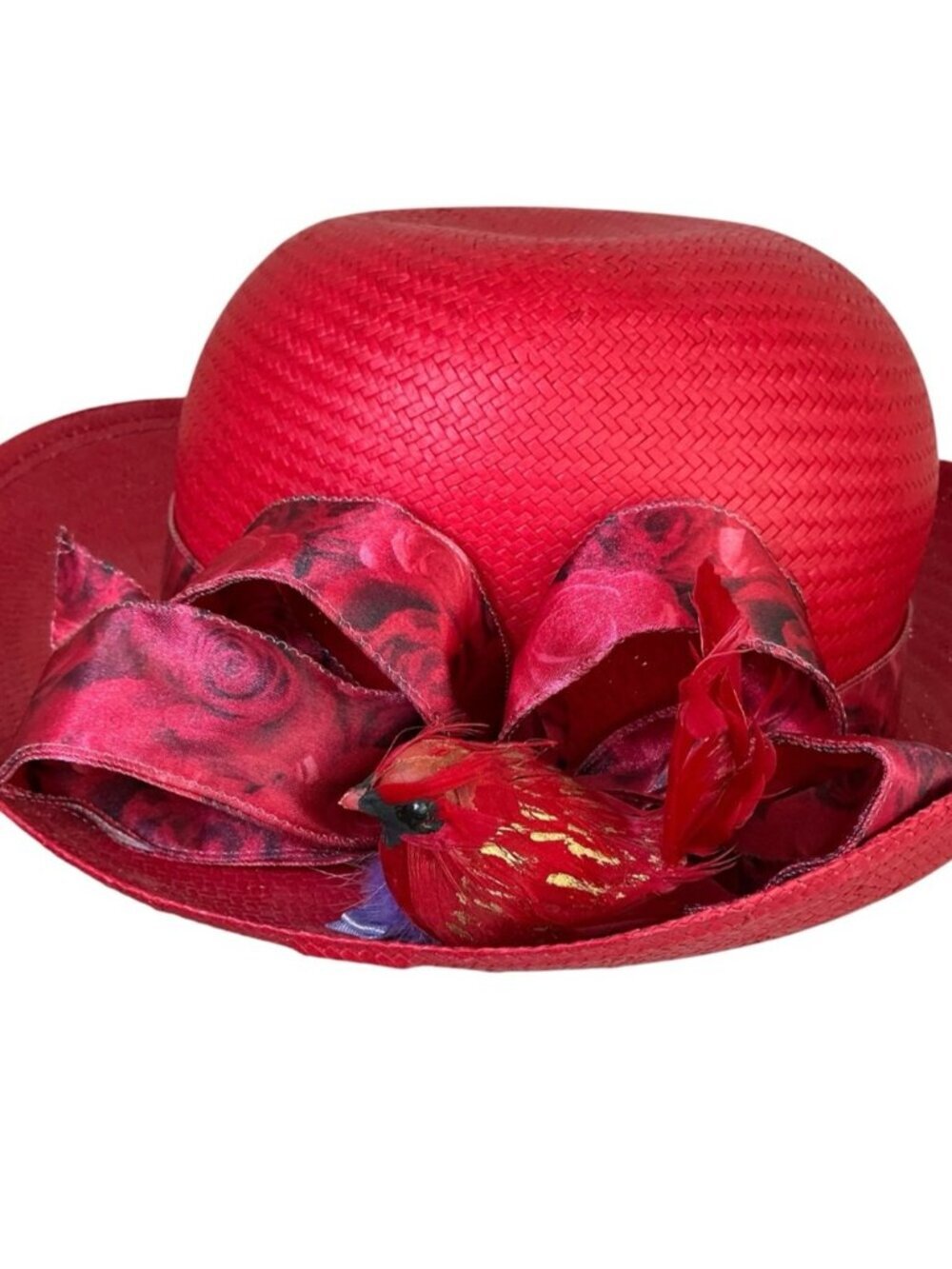 Vintage Red Straw Church Derby Hat Embellished Ribbon Red Bird Adult OS 1980’s - Picture 2 of 15
